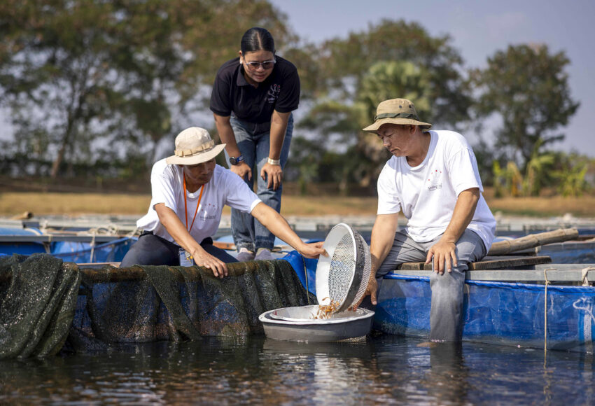 Three people on a blue boat outdoors handling a fishing net near the water, with one person standing and others kneeling nearby.