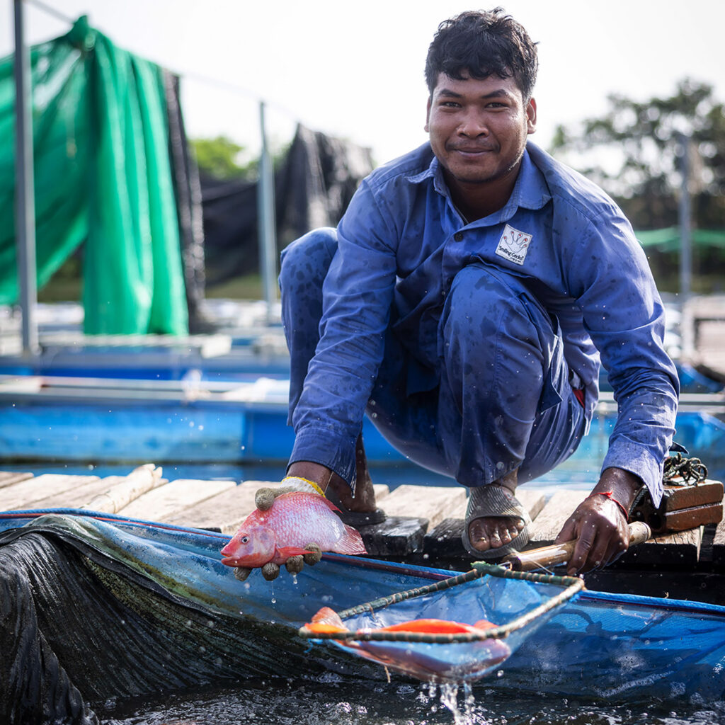 Fisherman in a blue uniform kneels on a boat, lifting a pink fish from the netted catch with water nearby.